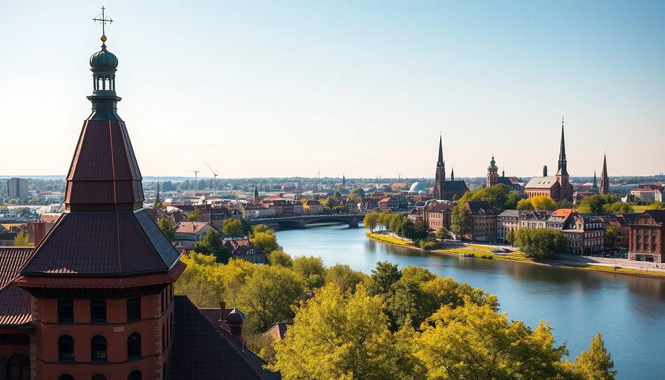 A vibrant cityscape of Norrkoping, Sweden, on a sunny day. In the foreground, the iconic Borsen building with its distinctive copper roof and intricate architecture stands tall, casting warm shadows. In the middle ground, the Motala River winds through the city, its calm waters reflecting the surrounding buildings and lush greenery. In the background, the spires and towers of historic churches and landmarks dot the skyline, creating a picturesque panorama. The scene is illuminated by a soft, golden light, casting a serene and inviting atmosphere. Capture the essence of Norrkoping's best attractions with a well-balanced, immersive composition.