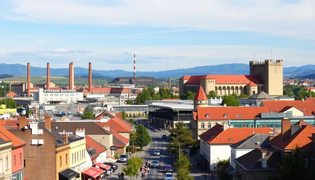 A vibrant cityscape of Ostrava, the steel heart of Czechia, on a pleasant day. Capture the city's majestic skyline, dominated by the iconic industrial architecture and colossal chimneys, set against a backdrop of rolling hills. In the foreground, bustling streets lined with local shops, cafes, and pedestrians enjoying the warm sunlight. The middle ground features the Ostrava Racecourse, a historic landmark, with its striking grandstand. Further in the distance, the Silesian Ostrava Castle stands tall, its red-tiled roofs and stone walls a testament to the city's rich history. Render the scene with a balanced, warm-toned palette, evoking a sense of vitality and community that exemplifies Ostrava's character.