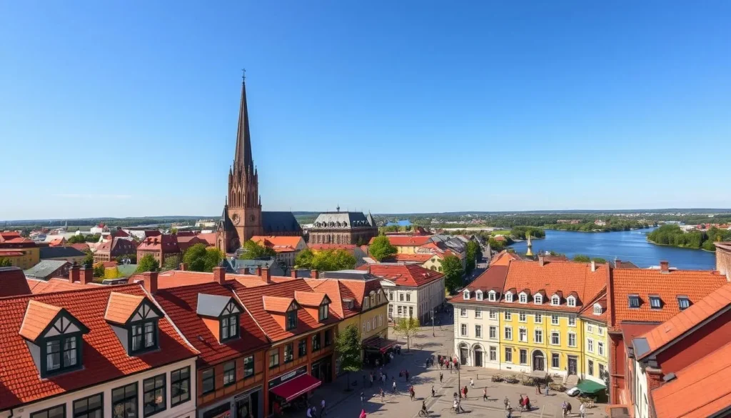 A vibrant cityscape of Oulu, Finland's northern gem, bathed in warm sunlight. In the foreground, charming low-rise buildings with red tile roofs line the bustling streets, their facades adorned with intricate architectural details. In the middle ground, the imposing Oulu Cathedral towers above, its spire reaching towards the clear blue sky. Pedestrians and cyclists navigate the lively public spaces, bringing a sense of energy and activity. In the background, the serene Oulu River flows, its banks dotted with lush greenery. The scene conveys the perfect balance of historic charm and modern dynamism that embodies the essence of Oulu.