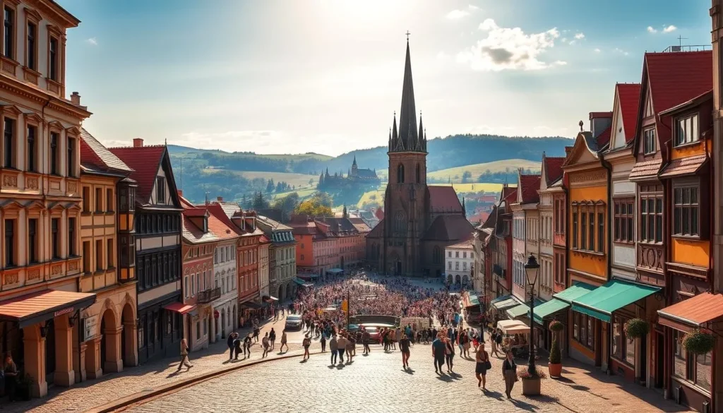 A vibrant cityscape of Plzen, the historic beer capital of Czechia, bathed in warm afternoon sunlight. In the foreground, a charming cobblestone street lined with colorful, well-preserved Baroque and Renaissance-style buildings, their facades adorned with intricate architectural details. The middle ground features the iconic St. Bartholomew's Cathedral, its tall Gothic spires reaching skyward, surrounded by a bustling town square filled with locals and tourists alike. In the background, rolling hills and lush greenery frame the scene, creating a picturesque, postcard-worthy vista. The overall mood is one of tranquility, history, and the celebration of Plzen's renowned brewing heritage.
