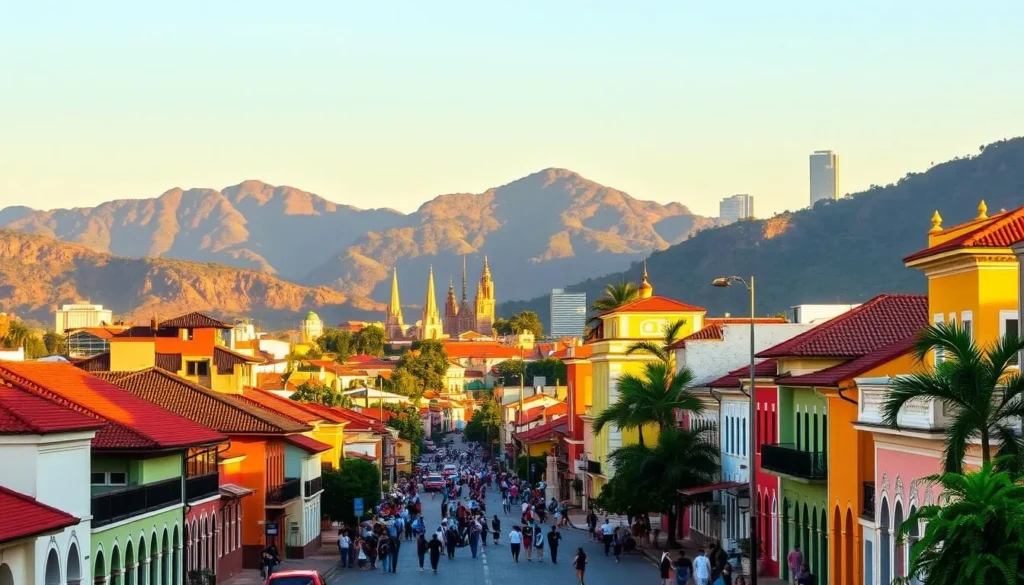 A vibrant cityscape of San Cristobal, Venezuela, bathed in warm, golden light. In the foreground, charming colonial-style buildings with red-tiled roofs and colorful facades line the bustling streets. Pedestrians stroll leisurely, immersed in the lively atmosphere. The middle ground reveals towering mountains, their peaks capped with lush, verdant foliage. In the distance, the skyline is punctuated by the distinctive silhouettes of church spires and modern skyscrapers, creating a harmonious blend of old and new. The scene exudes a sense of tranquility and vibrant energy, inviting the viewer to discover the captivating charm of this picturesque city.