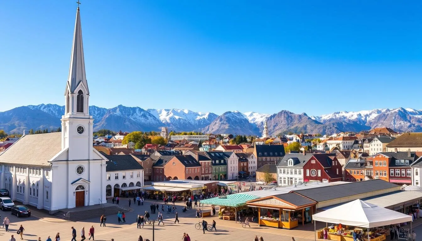 A vibrant cityscape of Sandnes, Norway, showcasing its picturesque landmarks on a bright, sun-drenched day. In the foreground, the historic Sandnes Church stands tall, its white facade and spire reaching towards the clear blue sky. In the middle ground, the bustling Torget Square is alive with pedestrians and local vendors, their colorful stalls offering a tantalizing array of Nordic delicacies and crafts. In the background, the rugged Ryfylke mountains rise majestically, their snow-capped peaks reflecting the warmth of the day. The scene is illuminated by warm, golden sunlight, casting a welcoming glow over the entire city and inviting the viewer to explore the best that Sandnes has to offer.