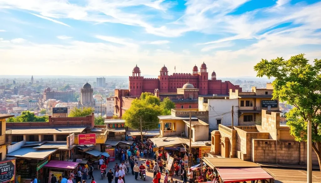 A vibrant cityscape of Solapur, Maharashtra, bathed in warm afternoon sunlight. In the foreground, bustling streets lined with colorful shops and street vendors, people going about their daily lives. In the middle ground, the iconic Solapur Fort stands tall, its reddish-brown walls and domes reflecting the sun's rays. The background features a panoramic view of the city, with a mix of modern high-rises and traditional architectural structures, set against a clear blue sky with wispy clouds. The scene exudes a sense of energy and cultural richness, capturing the essence of Solapur, a hidden gem in the heart of Maharashtra.