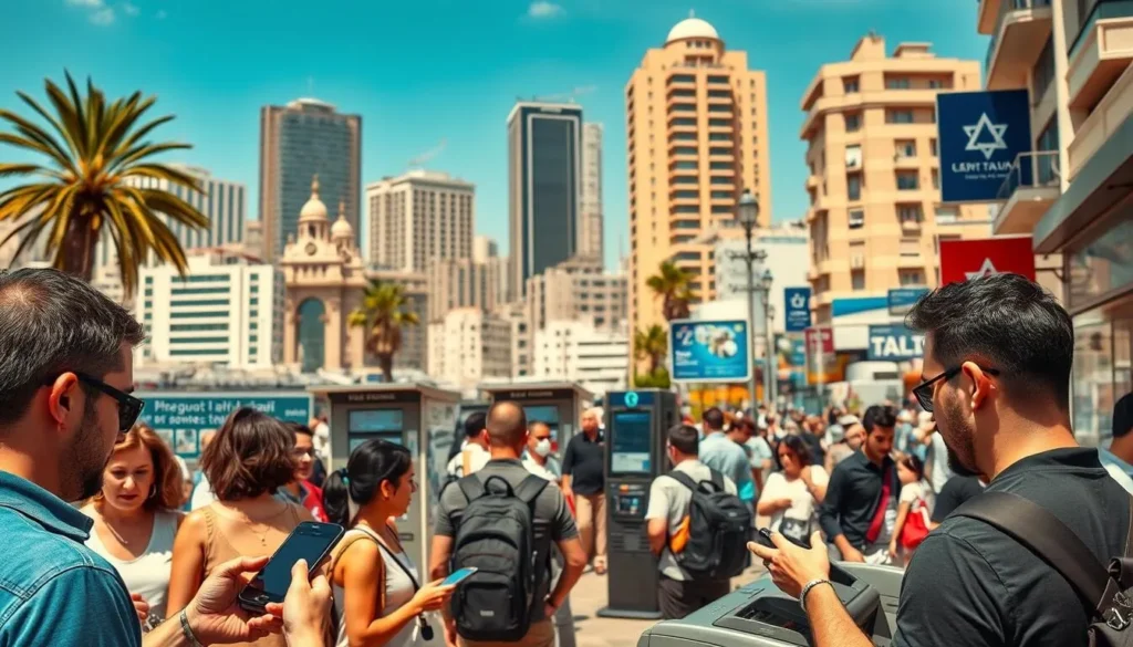 A vibrant cityscape of Tel Aviv, Israel on a sunny day. In the foreground, a group of people make transactions at various payment terminals - sleek credit card readers, mobile wallets, and contactless payment stations. The middle ground showcases a mix of traditional cash exchange booths and modern digital payment kiosks. In the background, the city's iconic architecture and bustling streets create a dynamic, cosmopolitan atmosphere. The lighting is warm and natural, with a slightly soft focus to emphasize the subject. Captured with a wide-angle lens to provide a comprehensive view of the diverse payment methods available in this thriving metropolis.