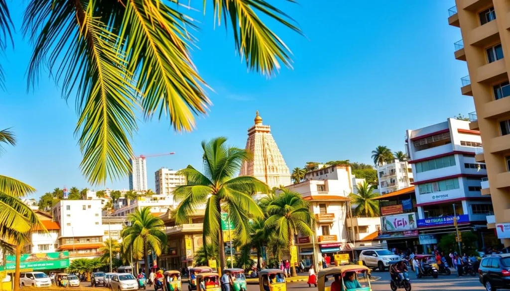 A vibrant cityscape of Thrissur, Kerala, bathed in warm sunlight. In the foreground, lush palm trees sway gently, casting soft shadows on the bustling streets below. The middle ground features a blend of traditional Kerala architecture and modern high-rises, their colorful facades reflecting the energy of the city. In the background, the iconic Thrissur Pooram temple towers majestically, its golden spires piercing the clear blue sky. The scene is filled with the hustle and bustle of daily life, with people going about their business, rickshaws and cars navigating the roads. The overall atmosphere is one of vibrant activity and cultural vibrancy, capturing the essence of Thrissur as a thriving hub in the heart of Kerala.