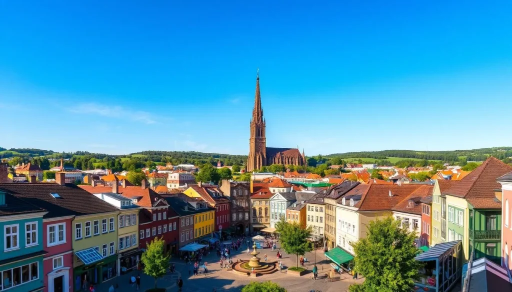 A vibrant cityscape of Uppsala, Sweden, basking in the warm glow of a sunny afternoon. In the foreground, charming cobblestone streets lined with colorful buildings and quaint shops. A picturesque town square bustles with locals and visitors alike, enjoying the lively atmosphere. In the middle ground, the iconic Uppsala Cathedral rises majestically, its Gothic spires reaching towards the cloudless azure sky. Surrounding the city, lush, rolling hills dotted with verdant trees create a serene and picturesque backdrop. Capture the essence of this historic, picturesque city with a sense of timeless elegance and tranquility.