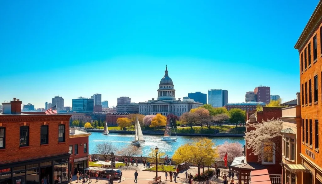 A vibrant cityscape under a clear blue sky, the iconic skyline of Boston stretching out before us. In the foreground, a bustling street scene with pedestrians strolling past historic brick buildings and charming cafes. In the middle ground, the serene waters of the Charles River reflect the bright sun, sailboats gliding peacefully. In the background, the stately dome of the Massachusetts State House stands tall, surrounded by a lush park with blooming cherry trees. The scene is bathed in warm, golden light, creating a welcoming and picturesque atmosphere that captures the essence of Boston on a perfect spring or fall day.