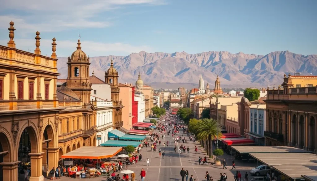 A vibrant cityscape unfolds, capturing the essence of Chiclayo, Peru's city of friendship. In the foreground, historic buildings and plazas bask in the warm golden sunlight, their intricate architectural details meticulously rendered. The middle ground showcases bustling streets lined with colorful markets, local vendors, and friendly pedestrians going about their daily lives. In the background, the towering Andes mountains rise majestically, creating a breathtaking natural backdrop. The scene conveys a sense of timeless charm, blending the city's rich cultural heritage with the vibrant energy of a thriving modern metropolis. Crisp, high-resolution photography captures the scene with a cinematic, immersive quality, inviting the viewer to step into the heart of Chiclayo and experience its captivating history.