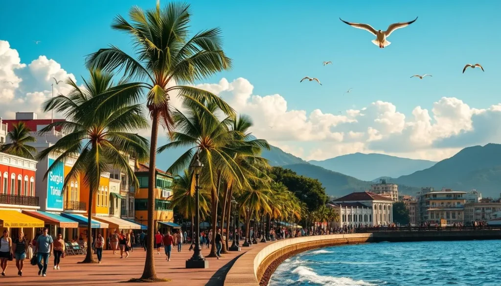 A vibrant coastal city nestled along the shores of Brazil's Sao Paulo state, Santos City comes alive on a sunny day. Capture the bustling waterfront promenade, where locals and tourists stroll past rows of colorful buildings, their facades reflecting the warm, golden light. In the distance, majestic mountains rise, their peaks framed by a brilliant blue sky dotted with fluffy white clouds. Seagulls soar overhead, their cries mingling with the gentle lapping of waves against the harbor's edge. Lush palm trees sway in the ocean breeze, setting the tranquil, tropical mood. Utilize a wide-angle lens to depict the full grandeur of this picturesque coastal destination, a perfect day trip from the nearby resort town of Guaruja. A vibrant coastal city nestled along the shores of Brazil's Sao Paulo state, Santos City comes alive on a sunny day. Capture the bustling waterfront promenade, where locals and tourists stroll past rows of colorful buildings, their facades reflecting the warm, golden light. In the distance, majestic mountains rise, their peaks framed by a brilliant blue sky dotted with fluffy white clouds. Seagulls soar overhead, their cries mingling with the gentle lapping of waves against the harbor's edge. Lush palm trees sway in the ocean breeze, setting the tranquil, tropical mood. Utilize a wide-angle lens to depict the full grandeur of this picturesque coastal destination, a perfect day trip from the nearby resort town of Guaruja.