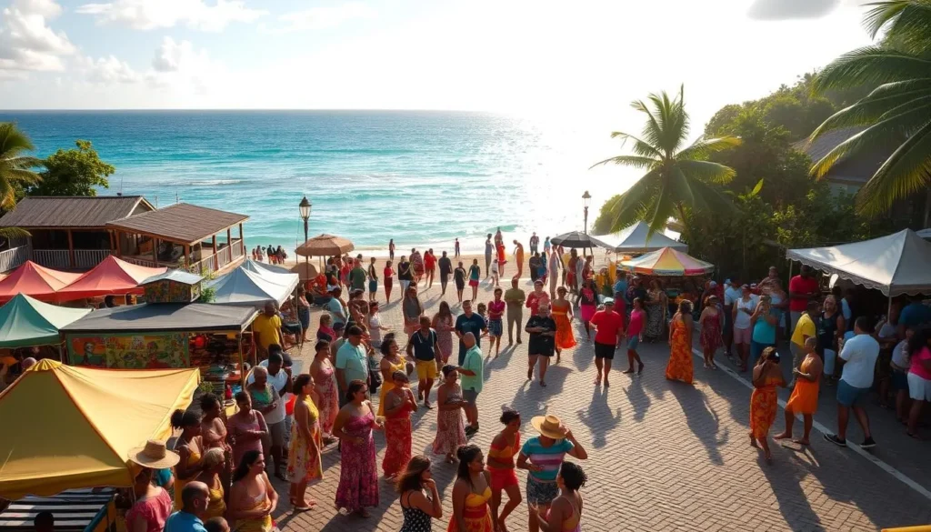 A vibrant coastal festival in a French Guianan town, with locals and tourists gathered along the sandy beaches and cobblestone streets. In the foreground, colorful tents and food stalls offer local cuisine and handcrafted wares. In the middle ground, people dance to the rhythm of live music, their bright traditional costumes swaying. In the background, the azure ocean meets the lush tropical foliage, with the sun casting a warm, golden glow over the entire scene. The atmosphere is one of celebration, community, and cultural exchange.