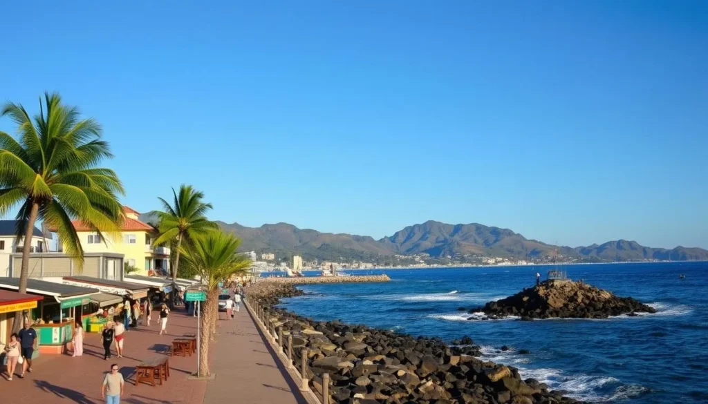 A vibrant coastal scene in La Guaira, Venezuela, under a clear blue sky. In the foreground, a bustling promenade lined with palm trees and colorful local shops. People stroll leisurely, taking in the sights and sounds. In the middle ground, the sparkling Caribbean sea laps against the rocky shoreline, with fishing boats bobbing gently in the waves. On the horizon, the verdant hills and mountains of the region rise majestically. Warm, natural lighting illuminates the scene, creating a welcoming and serene atmosphere for travelers seeking practical tips for visiting this enchanting destination.