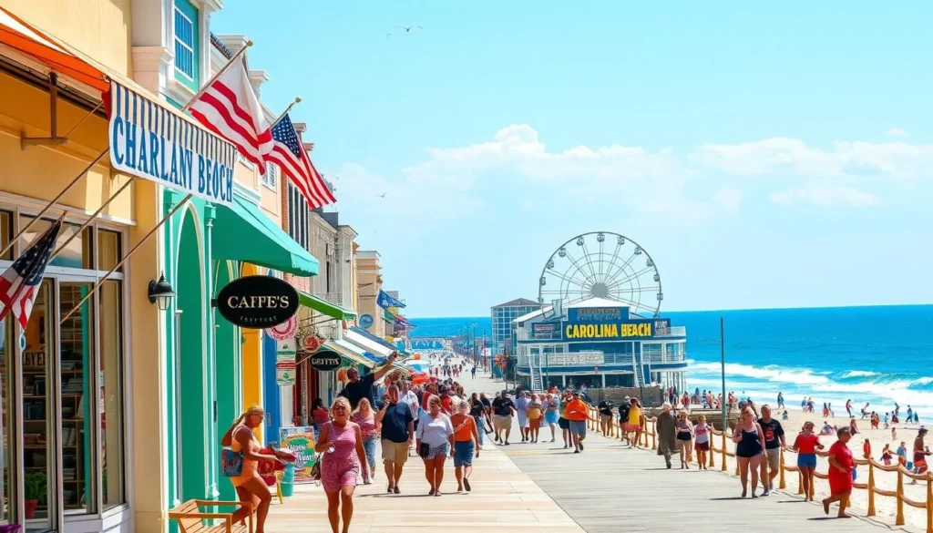 A vibrant coastal shopping district along the shores of Carolina Beach, North Carolina. Rows of pastel-painted storefronts and boutiques line the sun-dappled sidewalks, their awnings and flags fluttering in the gentle sea breeze. Beachgoers browse for souvenirs, flip-flops, and coastal decor, their laughter and chatter mingling with the distant calls of seagulls. In the background, the sparkling blue waters of the Atlantic Ocean shimmer under a cloudless sky, while the historic Carolina Beach Boardwalk leads towards the iconic Ferris wheel and pier. Warm, saturated lighting casts a lively, welcoming atmosphere over the bustling coastal shopping scene.
