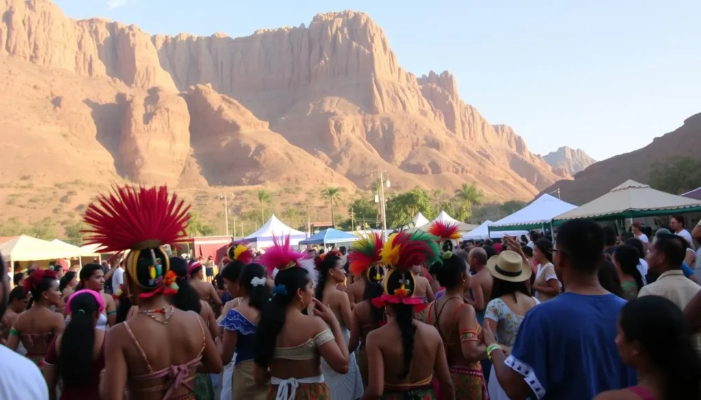 A vibrant, colorful festival in the heart of Chapada Diamantina National Park, Brazil. In the foreground, a lively crowd dances to the rhythmic beats of traditional music, their vibrant costumes and headdresses swaying in the gentle breeze. In the middle ground, artisanal food stalls and craft vendors showcase the region's unique cultural heritage. The background is framed by the park's iconic sandstone cliffs, bathed in warm, golden afternoon light. The atmosphere is one of joyous celebration, capturing the spirit of the local community and their rich, centuries-old traditions.