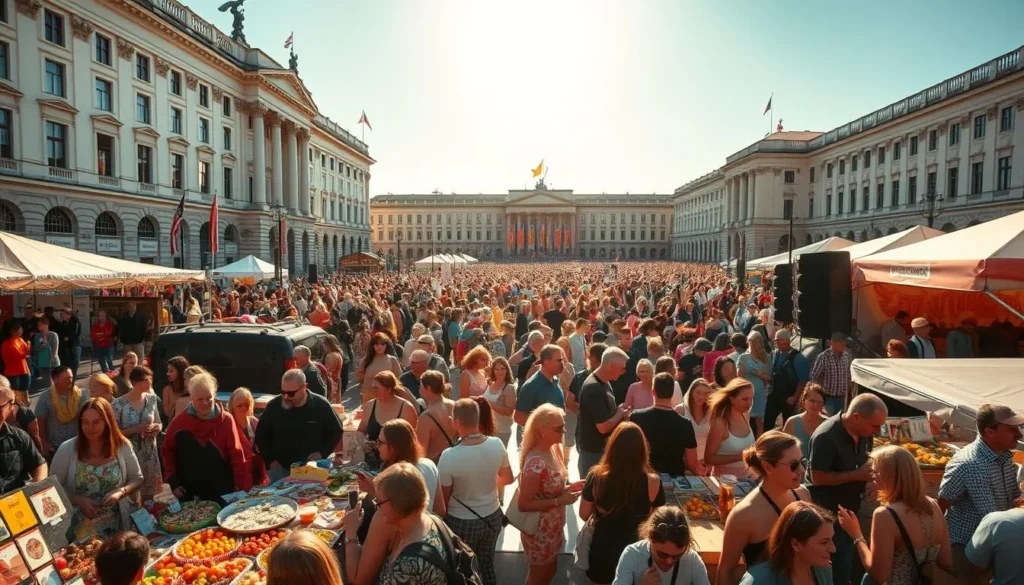 A vibrant crowd gathered in Helsinki's central square, bathed in warm afternoon sunlight. In the foreground, a colorful array of local artisans and food vendors showcase their wares, their displays bursting with unique crafts and delectable delicacies. In the middle ground, people of all ages mingle, laughing and chatting, as lively music fills the air from a nearby stage. The background is framed by the stately neoclassical architecture of the city, creating a picturesque setting for this bustling festival scene. The overall atmosphere is one of joy, community, and a celebration of Helsinki's rich cultural heritage.