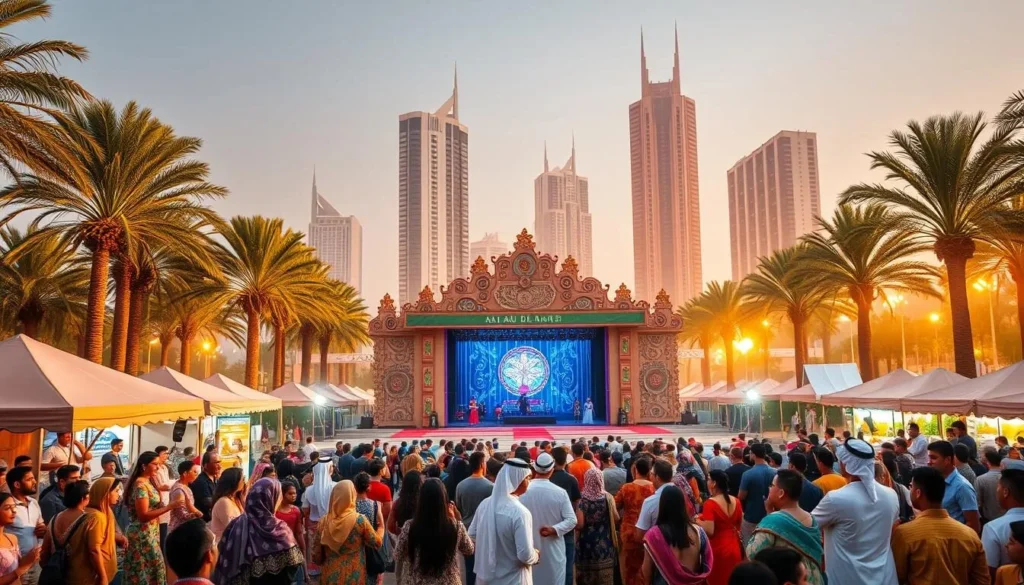 A vibrant crowd gathers in Abu Dhabi, celebrating the region's rich cultural heritage. In the foreground, colorfully dressed performers sway to the rhythmic beats of traditional music, while vendors offer an array of local delicacies. In the middle ground, a grand stage stands tall, showcasing intricate architectural details that pay homage to the Emirati aesthetic. The background is filled with lush palm trees and the iconic skyscrapers of the city, bathed in warm, golden light that creates a magical atmosphere. The scene exudes a sense of joy, community, and a deep appreciation for the UAE's vibrant festival traditions.