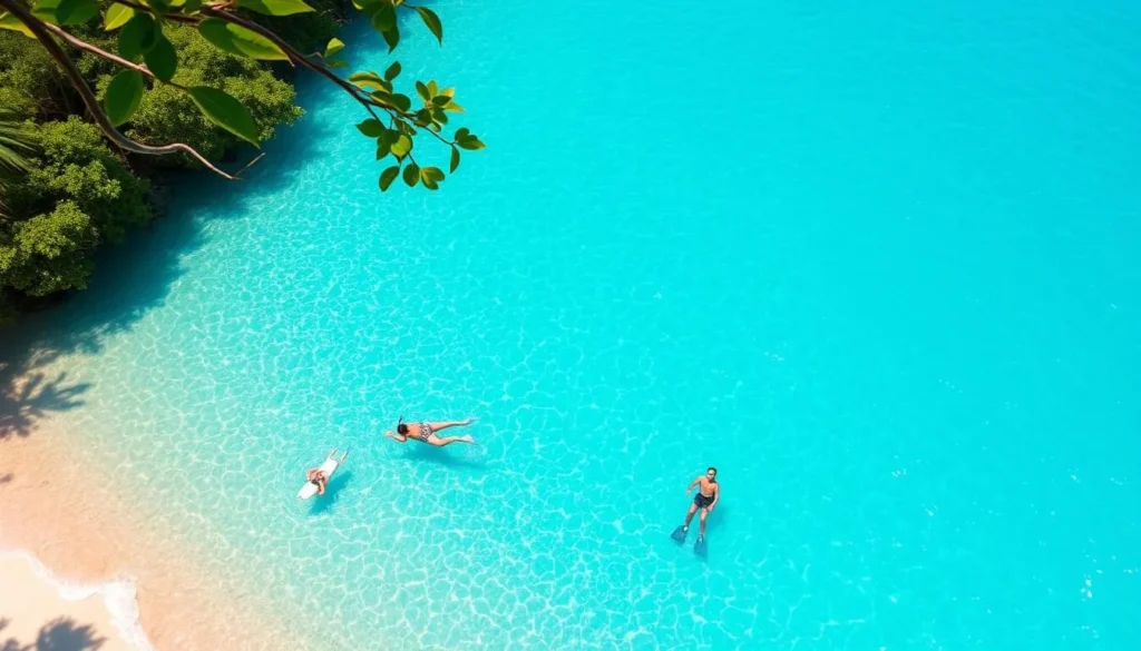 A vibrant, crystal-clear azure sea laps gently against the pristine, golden-sand beaches of Ilha de Anhatomirim. Snorkelers drift through the shimmering turquoise waters, discovering a captivating underwater world teeming with colorful marine life. In the foreground, swimmers gracefully glide through the calm, tranquil waves, enjoying the warm, tropical sun and gentle ocean breeze. The lush, verdant vegetation of the island's interior frames the scene, creating a serene, idyllic atmosphere. Soft, diffused lighting illuminates the entire breathtaking landscape, inviting viewers to immerse themselves in the beauty and tranquility of this stunning Brazilian paradise.