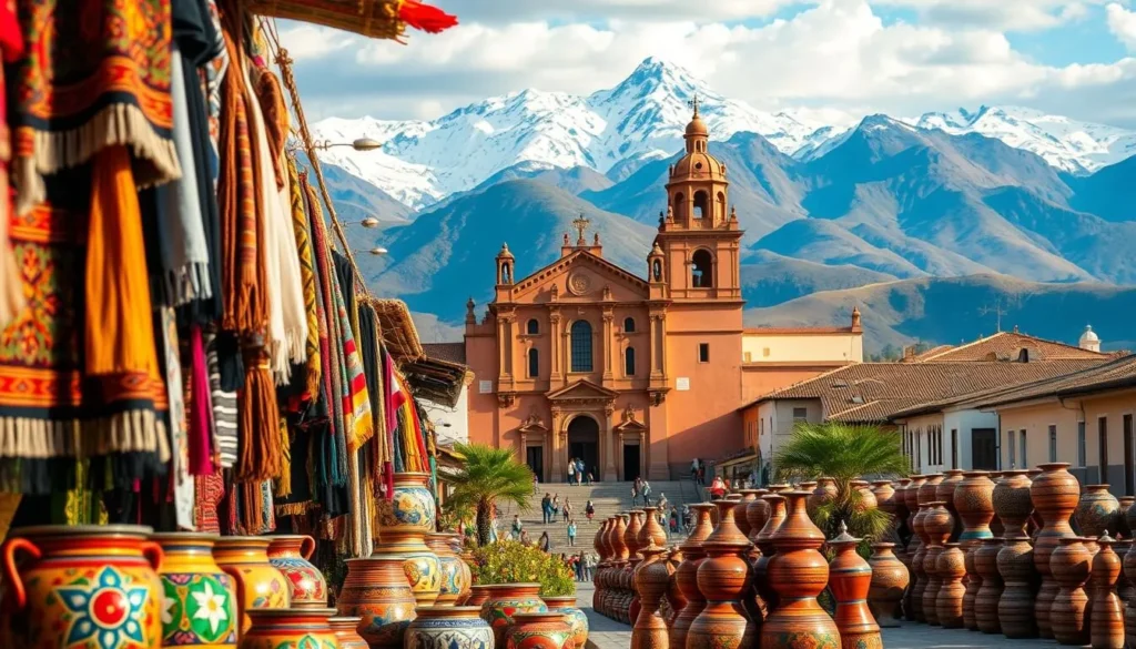 A vibrant cultural landscape unfolds, showcasing the rich heritage of Ayacucho, Peru. In the foreground, intricate textiles and handcrafted ceramics captivate the eye, their intricate patterns and vibrant hues reflecting the skilled artistry of the local artisans. The middle ground features a majestic church, its ornate facade bathed in warm, golden light, inviting visitors to explore its historic interiors. In the background, the rolling Andes mountains rise majestically, their snow-capped peaks forming a stunning natural backdrop to this cultural tapestry. The scene exudes a sense of timelessness, where tradition and modernity coexist in perfect harmony, creating a visually captivating and immersive experience.