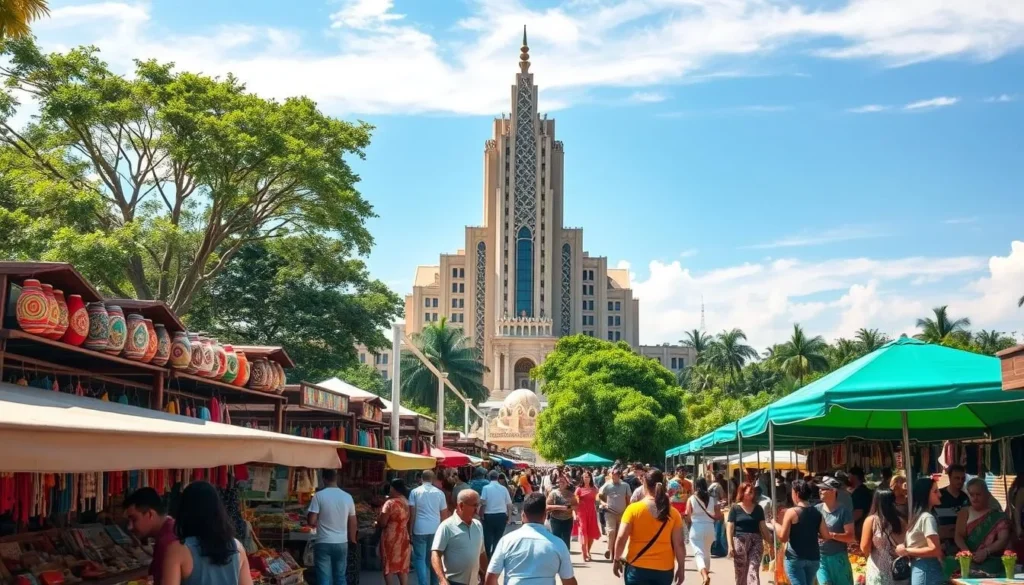 A vibrant cultural scene in Brasilia, Brazil. In the foreground, a bustling outdoor market filled with colorful artisanal stalls, local vendors, and enthusiastic crowds browsing handcrafted goods. The middle ground features a grand, modernist building with striking architectural elements, its facade adorned with intricate patterns and geometric shapes. In the background, lush greenery and a clear blue sky create a serene, sun-dappled atmosphere. The overall scene exudes a sense of energy, creativity, and celebration of Brasilia's unique cultural heritage. Capture this with a wide-angle lens, natural lighting, and a slightly elevated perspective to showcase the scale and dynamism of the setting.