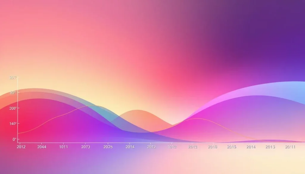 A vibrant data visualization depicting temperature patterns throughout the year in Suriname. A sleek, abstract design showcases temperature fluctuations via captivating color gradients and smooth curves. The foreground features a minimalist line graph with a bold color palette, highlighting seasonal temperature highs and lows. The middle ground blends seamless color transitions, creating a sense of fluid motion. In the background, a soft, atmospheric gradient sets a serene, weather-inspired mood. Crisp, high-resolution rendering with a cinematic, 16:9 aspect ratio for a sophisticated, editorial-style illustration.