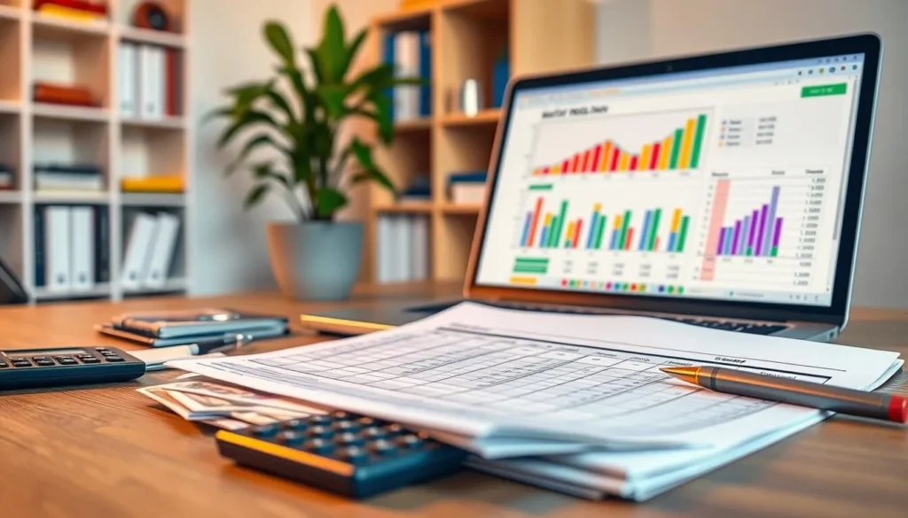 A vibrant desktop with a spreadsheet open, showcasing a detailed budget plan. In the foreground, a stack of bills, a calculator, and a pen lay neatly organized. The middle ground features a modern laptop, its screen displaying colorful graphs and charts. In the background, a neatly organized bookshelf and a potted plant create a calming, productive atmosphere. The lighting is warm and natural, creating a sense of focus and productivity. Captured with a shallow depth of field, the image conveys the importance of careful financial planning for an upcoming trip to Maturin, Venezuela.