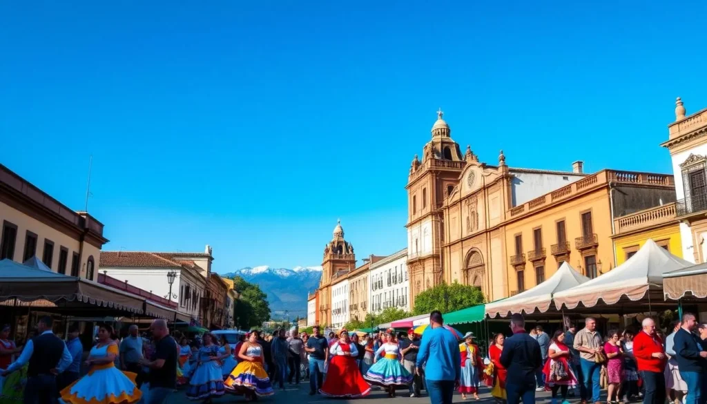 A vibrant display of Argentina's cultural heritage unfolds before a clear blue sky. In the foreground, a lively street festival bursts with color - dancers in elaborate costumes twirl to the rhythm of traditional music, while vendors offer an array of local delicacies. In the middle ground, towering colonial buildings with ornate facades create a picturesque backdrop, their warm hues complementing the festive atmosphere. The background gently fades into the distance, hinting at the vast and diverse landscapes that define Argentina's unique identity. Capture the energy, passion, and pride that emanate from this captivating scene, perfectly encapsulating the essence of Argentina's top festivals.