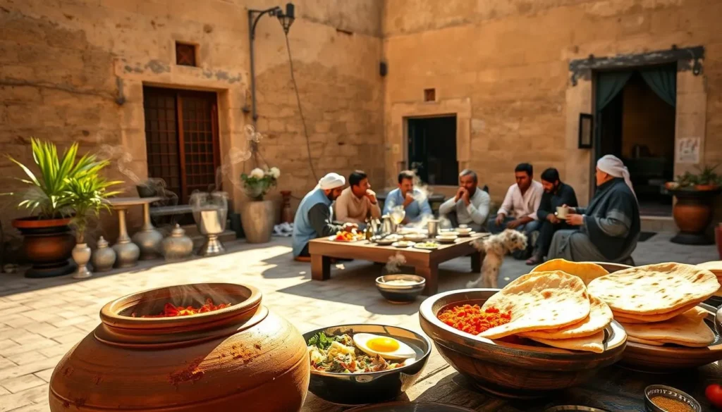 A vibrant display of Yemeni culinary delights, captured in a sun-drenched courtyard. In the foreground, a traditional clay pot simmers with fragrant spices, accompanied by a platter of freshly baked flatbreads and an array of colorful condiments. The middle ground features a lively scene of locals gathering around a low table, sharing lively conversation over steaming cups of aromatic qishr. In the background, the weathered walls of a historic building provide a warm, textured backdrop, casting a golden glow over the entire tableau. The overall mood is one of convivial celebration, inviting the viewer to immerse themselves in the vibrant flavors and rich cultural traditions of Ibb's local cuisine.