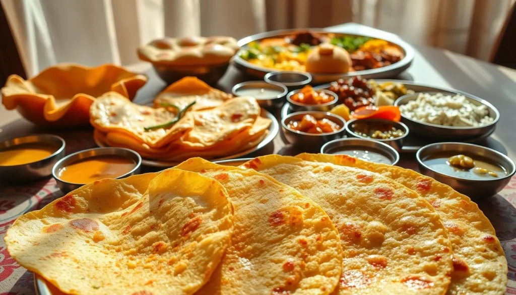 A vibrant display of local Pimpri-Chinchwad cuisine on a sun-dappled table. In the foreground, fragrant, sizzling dosas with crisp golden edges, accompanied by an array of chutneys and sambar. In the middle ground, a platter of fluffy vada pav, the quintessential street food, served with tangy garlic chutney. The background features a traditional brass thali, brimming with a variety of curries, rice dishes, and pickles. Warm, earthy tones create a cozy, homely atmosphere, inviting the viewer to savor the flavors of this vibrant Maharashtra region. Captured with a natural, soft lighting that highlights the intricate textures and vibrant colors of the local delicacies.