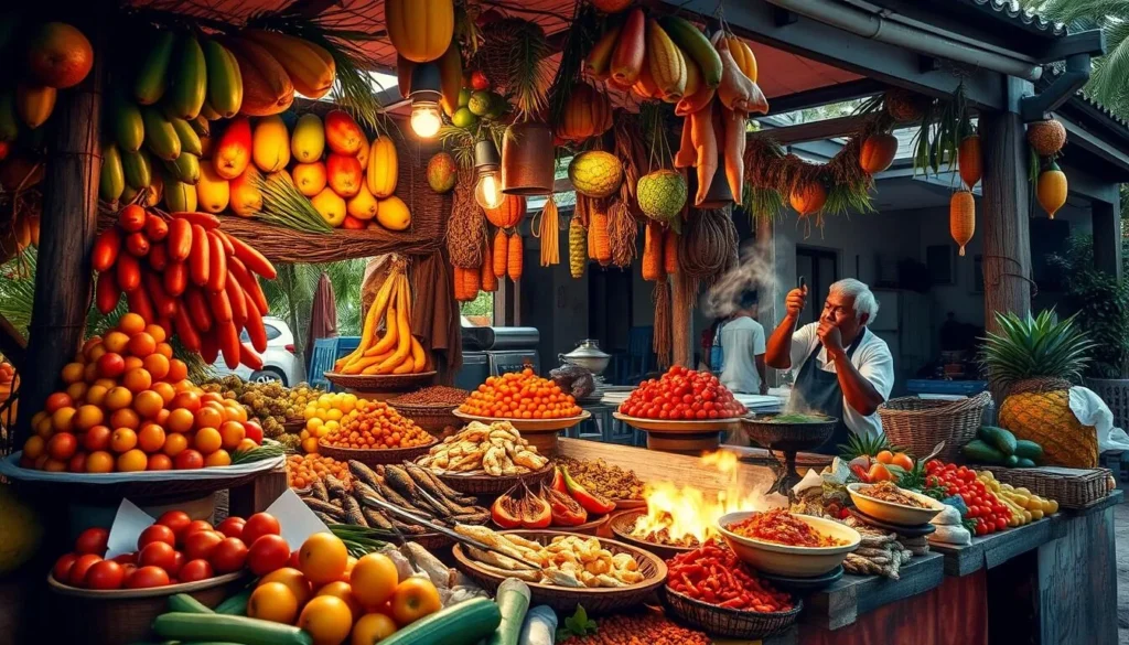 A vibrant display of local cuisine in Saint-Laurent-du-Maroni, French Guiana. A sun-drenched market stall overflowing with colorful tropical fruits, freshly caught seafood, and fragrant spices. In the foreground, a vendor skillfully prepares a signature dish, the aroma wafting through the warm, bustling air. Surrounding the stall, lush vegetation and traditional architecture create a captivating, immersive scene. Soft, diffused lighting illuminates the rich textures and vibrant hues, inviting the viewer to savor the unique flavors and cultural heritage of this enchanting locale.