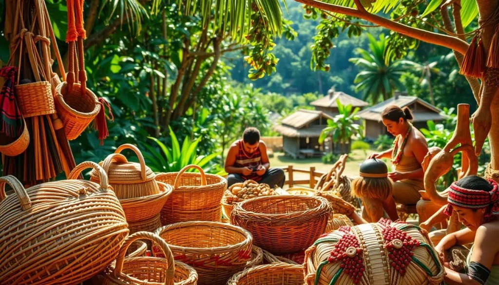 A vibrant display of traditional Kaliña crafts set against a lush, tropical backdrop. In the foreground, a collection of intricately woven baskets, colorful textiles, and intricate wood carvings. The middle ground features skilled artisans demonstrating their craft, their hands deftly working the materials. In the background, a sun-dappled jungle scene with verdant foliage and the distant glimpse of a traditional Kaliña village. Warm, natural lighting casts a golden glow, highlighting the textures and vibrant hues of the handmade goods. The overall scene exudes a sense of cultural pride, authenticity, and the enduring traditions of the Kaliña people.