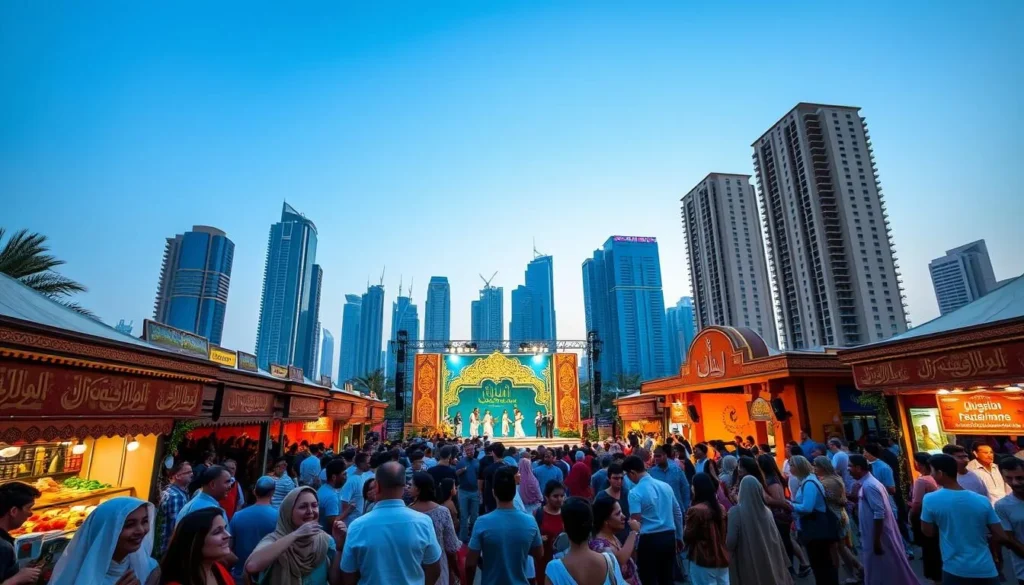 A vibrant festival in Dubai, with a lively crowd celebrating under a clear blue sky. In the foreground, locals and tourists gather around colorful food stalls, their faces alight with joy as they sample the fragrant aromas of traditional Emirati cuisine. In the middle ground, a grand stage stands, decorated with intricate Arabic calligraphy and illuminated by warm spotlights, where performers in traditional dress captivate the audience with their graceful movements. In the background, the towering skyscrapers of Dubai's skyline provide a modern contrast, casting long shadows across the festive scene. The atmosphere is one of cultural celebration, with a sense of energy and excitement permeating the air.