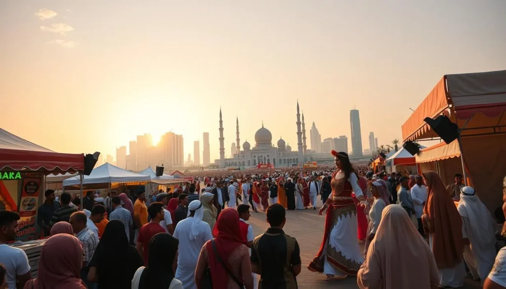 A vibrant festival scene in Abu Dhabi, United Arab Emirates. In the foreground, a lively crowd gathers around colorful food stalls, their aromas wafting through the air. Middle ground features traditional Emirati dancers in ornate costumes performing on a makeshift stage, their movements graceful and energetic. In the background, a magnificent skyline of skyscrapers and iconic landmarks like the Sheikh Zayed Grand Mosque, bathed in warm, golden sunlight. The atmosphere is festive and celebratory, capturing the spirit of Abu Dhabi's rich cultural heritage. Capture this scene with a cinematic wide-angle lens, emphasizing the grandeur and vibrancy of the festival experience.