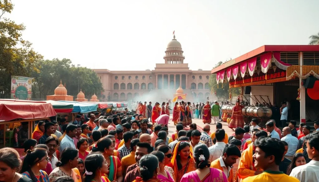 A vibrant festival scene in Chandigarh, India on a sunny day. In the foreground, a lively crowd gathers around food stalls, their colorful traditional attire and smiling faces creating a festive atmosphere. In the middle ground, dancers in ornate costumes perform on a stage, their graceful movements accompanied by the beating of drums. The background features iconic Chandigarh architecture, with the distinctive modernist style of the Capitol Complex visible in the distance. Warm golden light bathes the entire scene, evoking a sense of celebration and community. The overall composition captures the energy, culture, and spirit of Chandigarh's vibrant festivals.