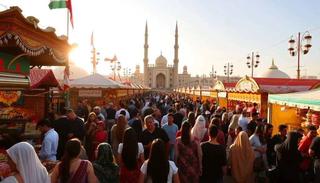 A vibrant festival scene in the heart of the United Arab Emirates, with a bustling crowd exploring colorful stalls, traditional music and dance performances, and the iconic architecture of the region serving as a backdrop. Capture the energy and excitement of the event, with warm sunlight filtering through the scene, casting a golden glow over the festivities. Focus on the intricate details of the local crafts, the lively interactions between the attendees, and the overall sense of cultural celebration. Utilize a wide-angle lens to encompass the full scope of the festival, conveying the grand scale and lively atmosphere.