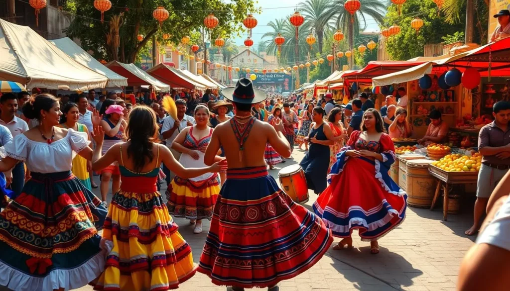 A vibrant fiesta unfolds, brimming with the cultural tapestry of Venezuela. In the foreground, dancers sway gracefully, their colorful traditional costumes swirling with each step. The middle ground is alive with lively music, the rhythmic beat of drums and the joyful melodies of local instruments. In the background, a bustling marketplace comes into view, stalls overflowing with vibrant handicrafts, exotic fruits, and the warm smiles of the Venezuelan people. Warm, golden sunlight filters through, casting a celebratory glow over the entire scene. Capture the spirit of this enchanting Venezuelan celebration, where tradition, music, and community come together in a captivating display of cultural heritage.