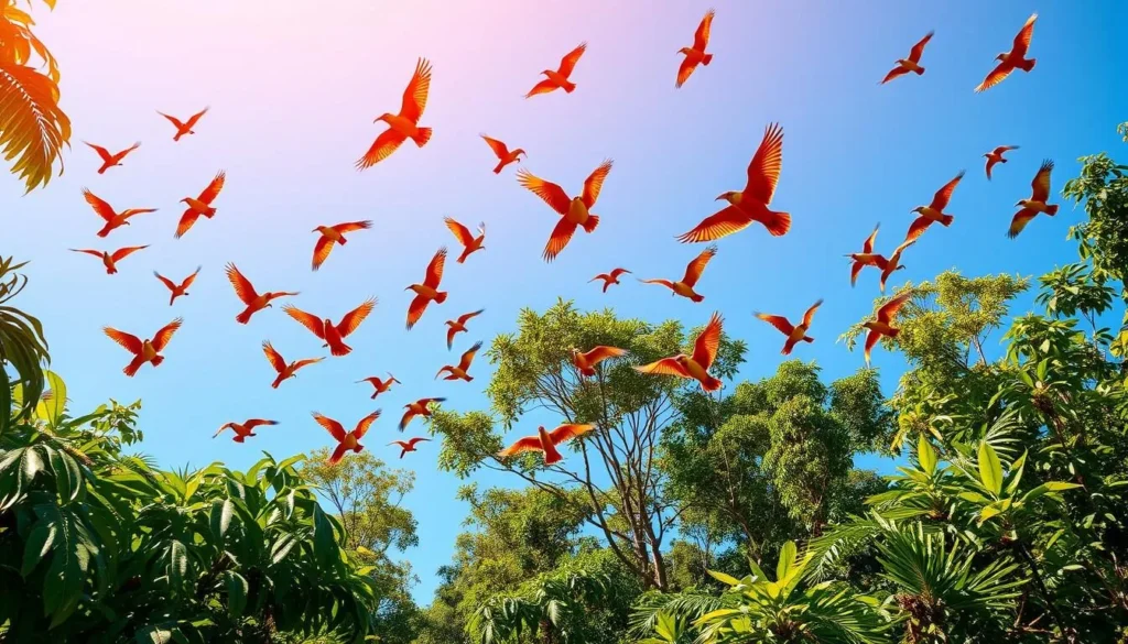 A vibrant flock of tropical birds soaring gracefully against a clear azure sky, their vibrant plumage shimmering in the warm, golden sunlight. In the lush, verdant canopy below, glimpses of colorful toucans, parrots, and hummingbirds dart between the verdant foliage, creating a symphony of movement and color. The scene is captured through a wide-angle lens, allowing the viewer to fully immerse themselves in the avian paradise of Montsinery Tonnegrande, French Guiana.
