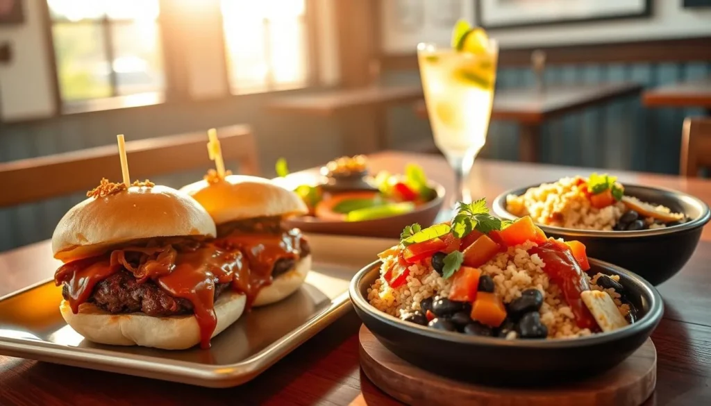 A vibrant fusion of Korean and Brazilian cuisines unfolds on a wooden table, bathed in warm afternoon sunlight. In the foreground, a platter showcases an array of delectable dishes - sizzling bulgogi sliders nestled between soft brioche buns, garnished with crisp kimchi and drizzled with a tangy gochujang glaze. Alongside, a bowl of creamy black bean stew mingles with fragrant basmati rice and vibrant pico de gallo. In the middle ground, a glass of refreshing caipirinha cocktail, its citrusy notes complementing the bold flavors. The background reveals a cozy restaurant setting, with minimal decor accentuating the focus on the captivating fusion cuisine.