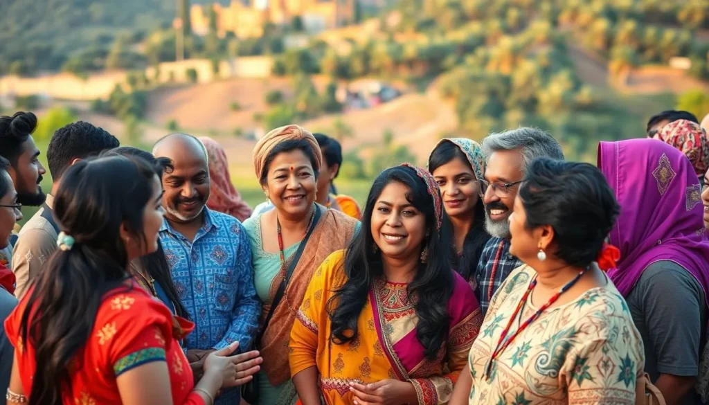 A vibrant gathering of diverse individuals, each representing a unique linguistic tradition. In the foreground, a group of friends converse animatedly, their expressions and gestures reflecting the richness of their respective regional languages. In the middle ground, a colorful array of traditional attire and accessories hints at the cultural tapestry of the region. The background showcases a picturesque landscape, with lush greenery and a warm, golden-hour lighting that lends a sense of harmony and tranquility to the scene. The overall atmosphere evokes a celebration of the region's linguistic diversity, where people from various backgrounds come together to share their stories and connect through the power of communication.