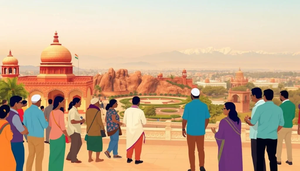 A vibrant illustration of the language demographics in Chandigarh, India. In the foreground, a diverse group of people engaged in lively conversation, representing the city's multilingual landscape. The middle ground showcases the distinctive architecture, with domed roofs and geometric patterns, a nod to Chandigarh's modern design. In the background, a panoramic view of the city, with the iconic Rock Garden and the snow-capped Himalayas in the distance, creating a serene and picturesque setting. The scene is bathed in warm, golden light, conveying a sense of harmony and cultural richness. Crisp, high-resolution image captured with a wide-angle lens to encompass the breadth of Chandigarh's language demographics.