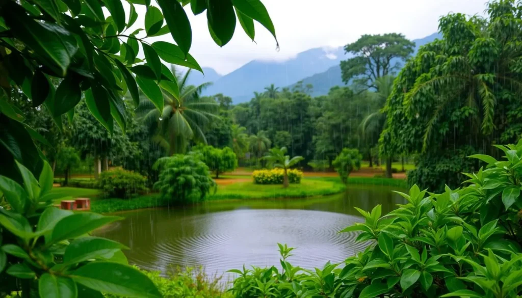 A vibrant landscape during the monsoon season in Chandigarh, India. In the foreground, lush green foliage glistens with fresh raindrops, as a gentle downpour creates a soothing ambiance. The middle ground features a picturesque pond, its surface rippling with the pitter-patter of rainfall. In the background, majestic mountains rise, their peaks partially obscured by soft, wispy clouds. The lighting is soft and diffused, creating a serene and tranquil atmosphere. The scene captures the essence of the monsoon season, a time of renewal and rejuvenation in this idyllic region.
