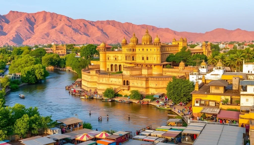 A vibrant landscape of Kota, Rajasthan, during the ideal time to visit. Capture the majestic Chambal River flowing through the city, its banks lined with lush greenery and towering sandstone fortresses. In the foreground, colorful local markets bustle with activity, while in the middle ground, visitors explore the historic Kota Palace, its intricate architecture bathed in warm, golden light. The background showcases the rugged hills that surround the city, creating a stunning natural backdrop. The overall scene conveys the rich cultural heritage, bustling energy, and serene natural beauty that make Kota a must-visit destination.