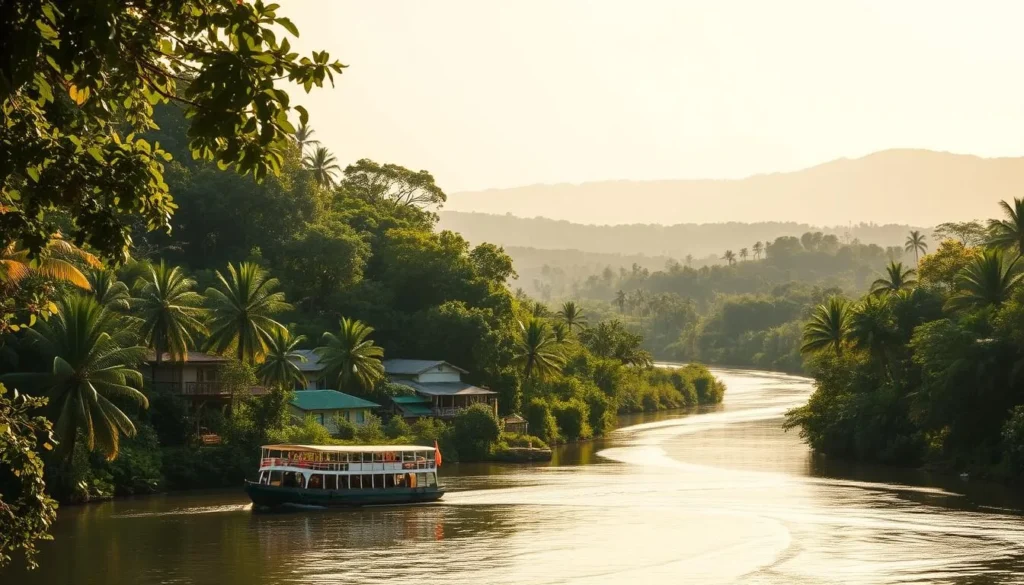 A vibrant landscape of lush greenery and winding rivers, with a quaint village nestled amidst the tropical foliage. Warm sunlight filters through the canopy, casting a golden glow over the scene. In the foreground, a picturesque riverboat glides along the calm waters, hinting at the potential for leisurely exploration. The middle ground features traditional Creole-style architecture, with colorful buildings and charming details. In the background, a hazy silhouette of distant hills and forests sets the stage for a truly immersive experience. The overall atmosphere conveys a sense of tranquility and adventure, inviting the viewer to imagine the unique cultural and natural wonders that await in this captivating region of French Guiana.