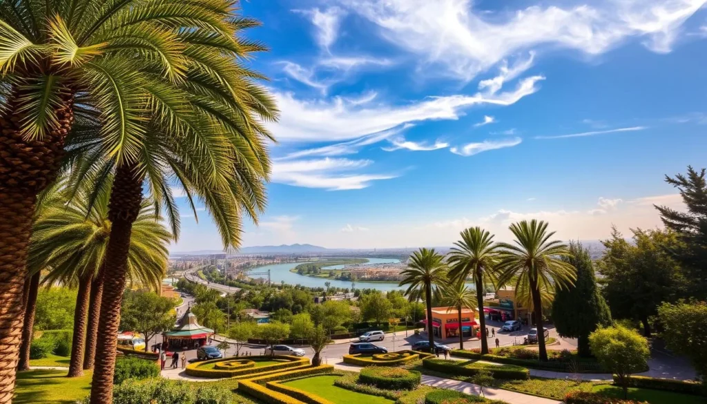 A vibrant landscape on a balmy spring day in Ahvaz, Iran. In the foreground, a lush oasis with palm trees swaying gently in the breeze, their fronds casting dappled shadows on the well-manicured gardens below. The middle ground features a bustling street scene, with locals going about their daily activities amidst colorful buildings and shops. In the distance, the mighty Karun River winds its way through the city, its shimmering waters reflecting the clear azure sky above. Warm, golden sunlight filters through wispy clouds, casting a soft, inviting glow over the entire scene, capturing the ideal time to explore Ahvaz's vibrant culture and natural beauty.