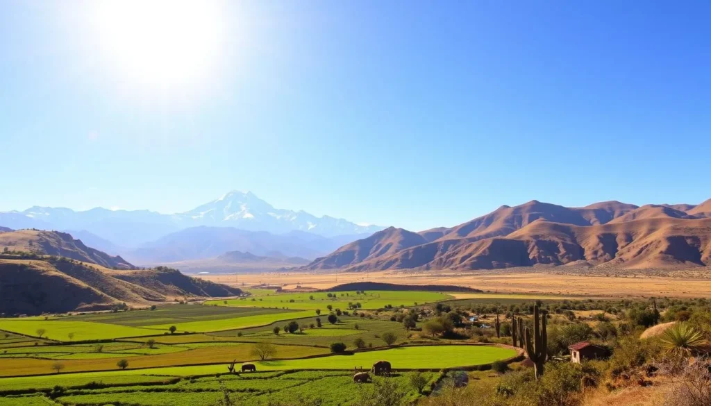 A vibrant landscape showcasing Peru's two distinct seasons. In the foreground, a lush, verdant valley under a warm, golden sun, with local farmers tending to their crops. In the middle ground, snow-capped Andean peaks pierce the azure sky, their rugged beauty contrasted by the gentle rolling hills. In the background, a dramatic shift - a desert landscape, sun-baked and arid, with cacti and scrubland stretching to the horizon. The scene captures the essence of Peru's dramatic climate, from the fertile highlands to the stark coastal deserts, all bathed in the soft, diffused light of a picturesque day.