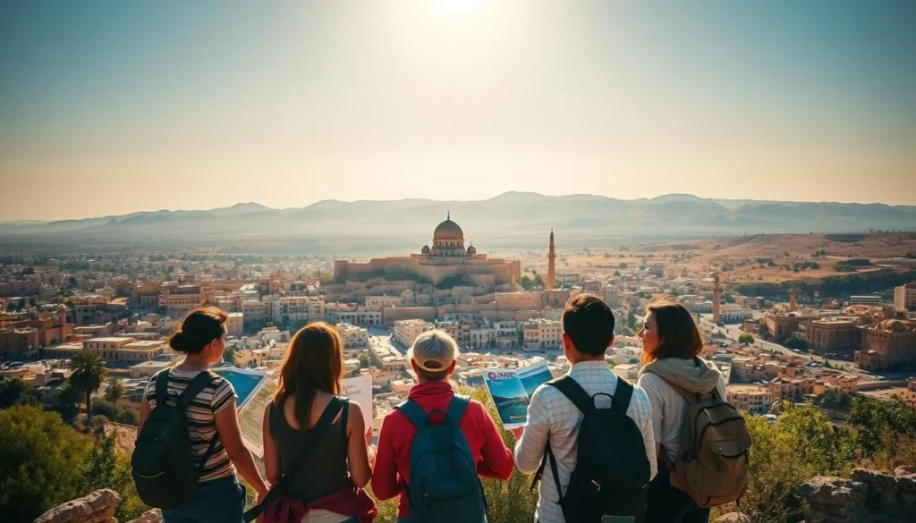 A vibrant landscape unfolds, showcasing the essence of Jordan. In the foreground, a group of travelers stands excitedly, planning their weather-savvy itinerary, maps and guidebooks in hand. The middle ground features the iconic architecture of Amman, its ancient citadel and bustling streets bathed in warm, golden light. In the distance, the rugged, sun-dappled terrain of the Jordanian countryside stretches out, inviting exploration. The scene exudes a sense of adventure and anticipation, perfectly capturing the spirit of a weather-conscious journey through this captivating destination.