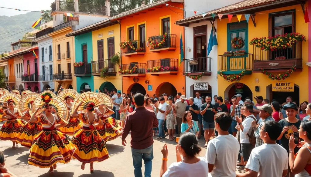 A vibrant, lively scene of a lesser-known Colombian festival in a small town. In the foreground, a colorful parade with dancers in traditional costumes twirling and leaping, their intricate headdresses and flowing fabrics catching the warm, golden sunlight. In the middle ground, a bustling crowd of locals and visitors mingling, clapping and cheering along to the rhythmic music of live bands playing energetic, upbeat tunes. In the background, quaint colonial-style buildings with brightly painted facades, their windows and balconies decorated with festive garlands and flags. The atmosphere is one of joyous celebration, the air filled with the sights, sounds, and vibrant energy of a lesser-known but no less authentic Colombian cultural festival.