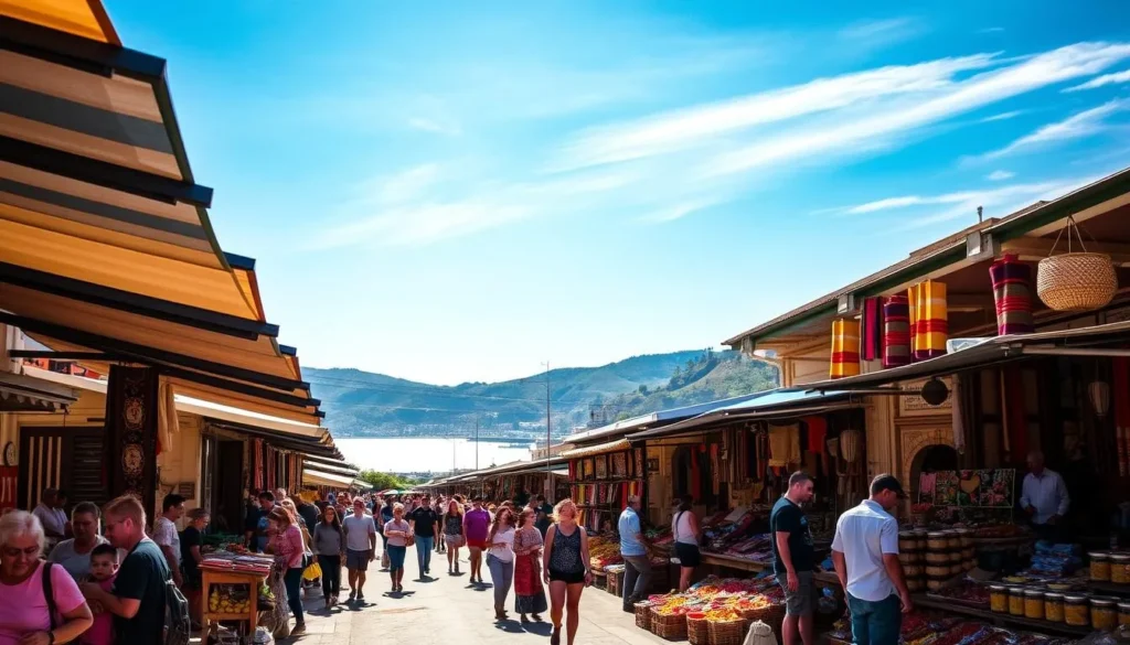 A vibrant local market in Piriapolis, Uruguay, set against a backdrop of azure skies and verdant hills. Stalls brimming with fresh produce, colorful textiles, and artisanal crafts line the bustling streets. Sunlight filters through the canopies, casting a warm glow on the scene. In the foreground, locals and visitors mingle, haggling with vendors and sampling local delicacies. The middle ground features an array of vibrant displays, from fragrant spices to handwoven baskets. In the distance, the iconic seaside promenade and the glistening waters of the Rio de la Plata complete the picturesque setting, capturing the essence of Piriapolis' thriving local flavor.