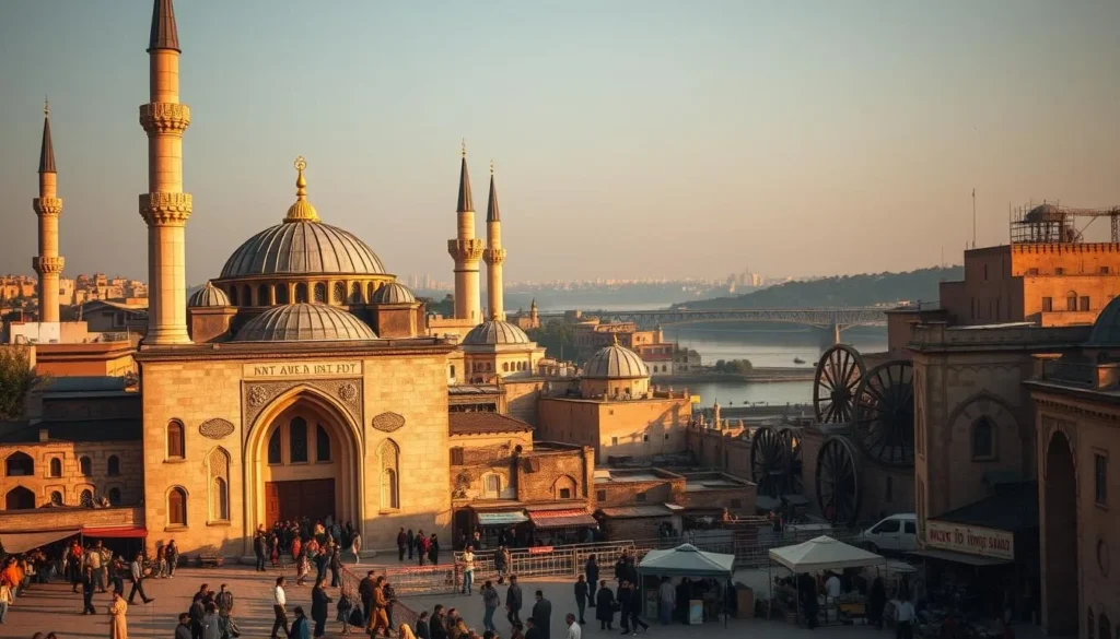 A vibrant medieval cityscape nestled along the banks of the Orontes River, Hamah's religious heritage stands tall amidst towering minarets and ornate domes. In the foreground, worshippers gather at the grand entrance of the Nur al-Din Mosque, its intricate stone façade bathed in warm, golden light. The middle ground reveals a bustling marketplace, with vendors hawking their wares against a backdrop of historic buildings, their ochre-toned walls casting long shadows. In the distance, the iconic Norias of Hamah, ancient wooden waterwheels, slowly turn, reflecting the tranquil waters of the river. An atmosphere of timeless serenity pervades the scene, inviting the viewer to explore the rich tapestry of Hamah's sacred spaces and the enduring traditions that have shaped this captivating Syrian city.