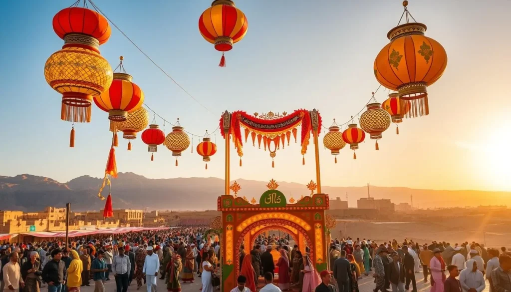 A vibrant, multicolored festival calendar displayed against the backdrop of a sun-drenched Yemeni landscape. In the foreground, traditional Yemeni lanterns and decorations adorn a central display, casting a warm, inviting glow. The middle ground features a bustling crowd of locals and visitors enjoying the festivities, their colorful traditional attire adding to the lively atmosphere. In the distance, a stunning vista of Yemen's iconic mud-brick architecture and towering mountains sets the scene, bathed in the golden light of a picturesque day.