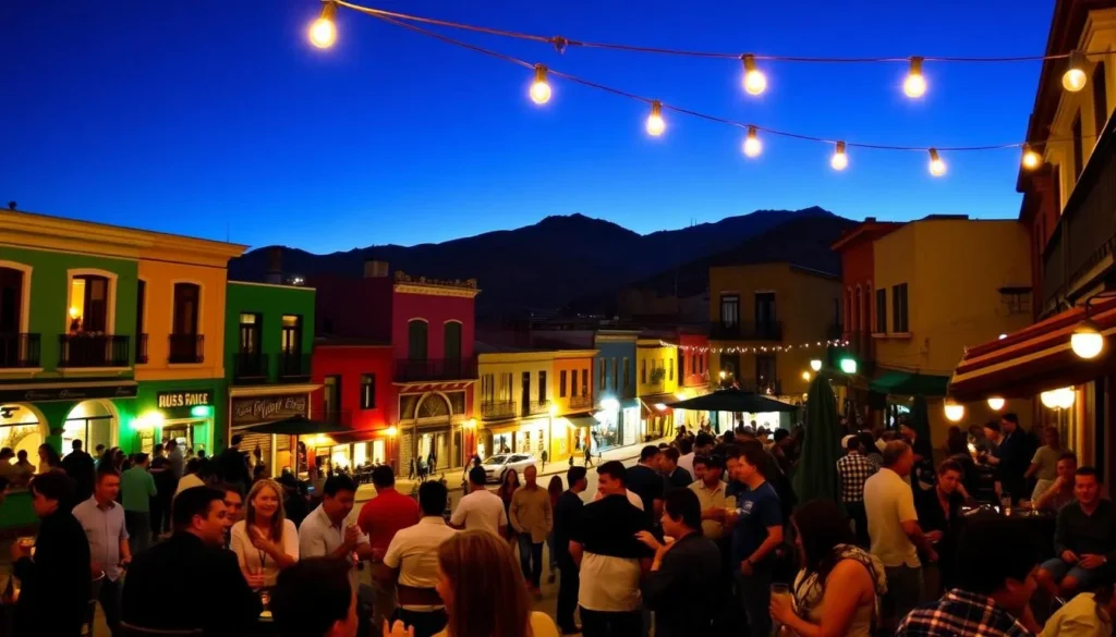 A vibrant nightlife scene in Huancayo, Peru, where the streets come alive with the energy of lively plazas, bustling bars, and lively music. In the foreground, people gather around outdoor tables, sipping local cocktails and laughing under the warm glow of string lights. In the middle ground, colorful facades of buildings line the streets, their windows illuminated with the soft light of candles and lanterns. In the background, the majestic Andes mountains rise up, their silhouettes visible against the deep, velvety night sky. The overall atmosphere is one of festivity, community, and a deep appreciation for the local culture and traditions.