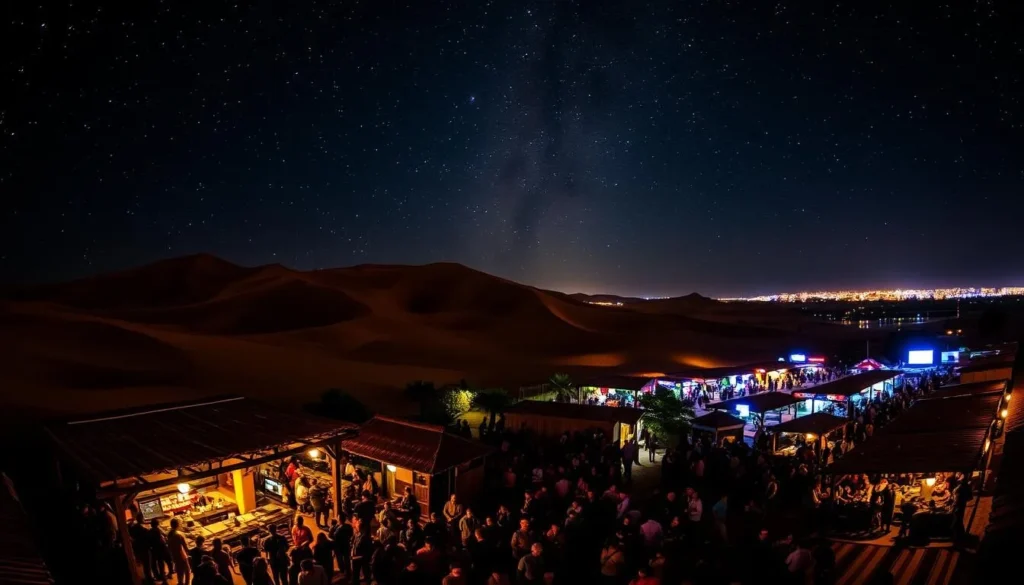 A vibrant nightscape in Huacachina, Peru, where the oasis shimmers under the starry sky. In the foreground, lively crowds gather around dimly lit bars and restaurants, spilling out onto the lively streets. The middle ground features towering sand dunes, casting long shadows that dance with the movement of people. In the background, a stunning view of the night sky, with the Milky Way visible and the warm glow of the desert illuminating the scene. The lighting is soft and warm, creating a cozy, inviting atmosphere. Capture the energy and excitement of Huacachina's thriving nightlife through a wide-angle lens, showcasing the unique desert setting.